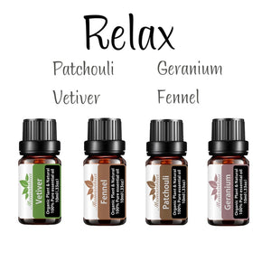 Super Saver "Relax" Oil Set: Fennel, Geranium, Patchouli, Vetiver